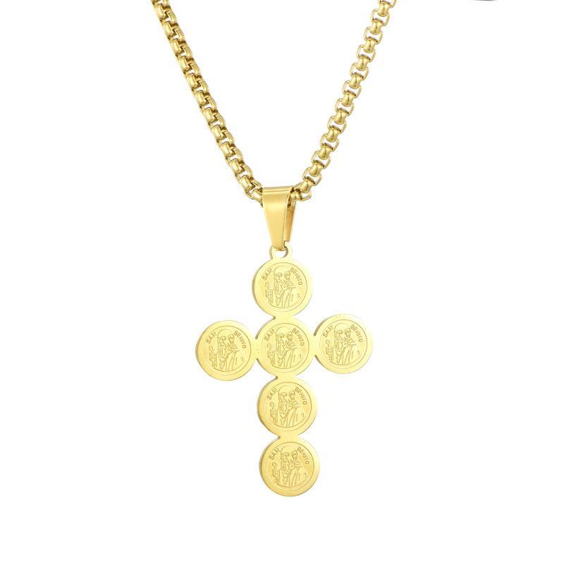 

Titanium Steel Circular Stitching St. Benedict Cross Pendant Gold Stainless Steel Exorcist Necklace