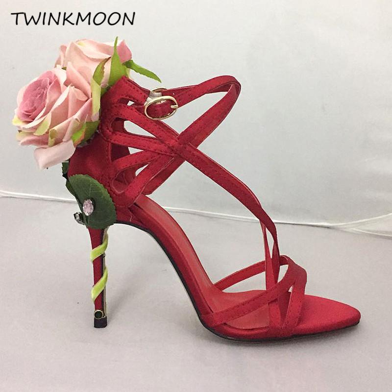

3D Rose Flower Satin Sandals Shoes Women High Heels Design Leaves Rhinestone Summer Shoes 2021 Stiletto Celebrity, Champagne