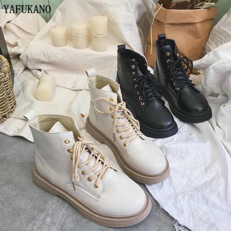 

Boots Female 2020 Autumn British Wind PU Leather Thick With Short Motorcycle Women Shoes, Beige plus velvet