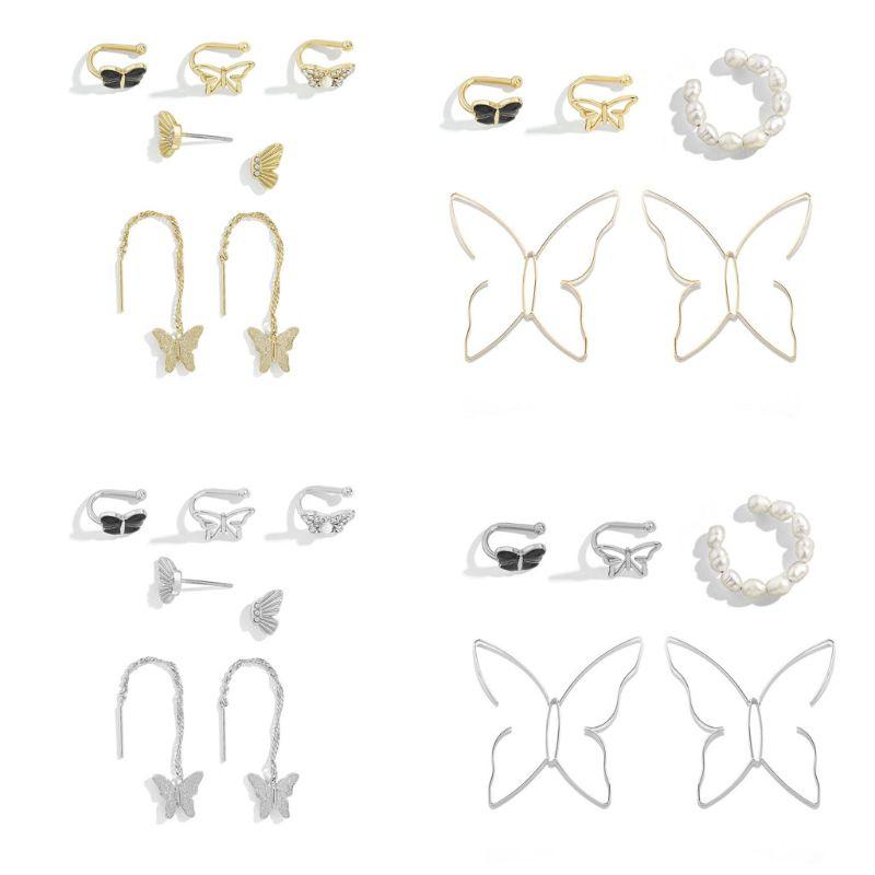 

7Pcs Butterfly Theme Clip On Studs Drop Earrings Kit Crystal Pearls Butterfly Hoops Wire Earrings Set Fashion Jewelry