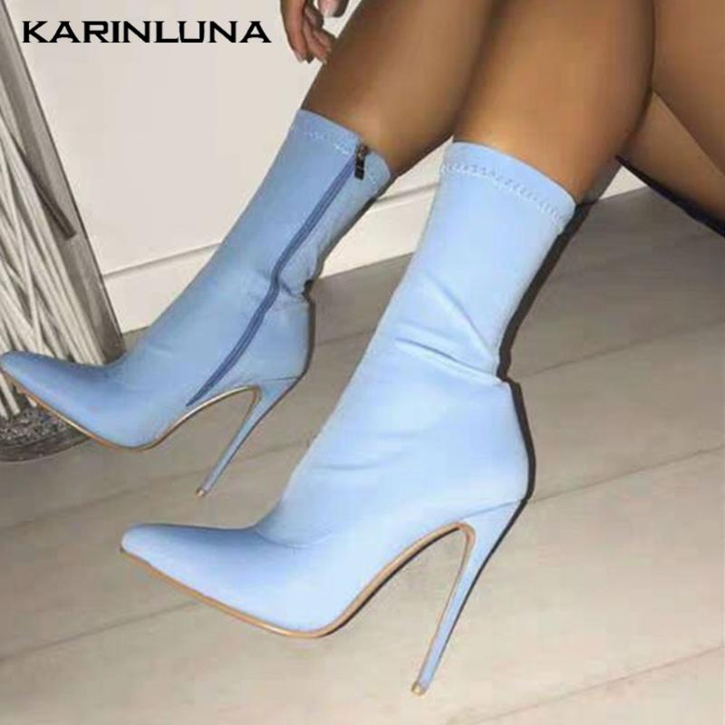 

Karin 2020 New Arrival On Sale women shoes Stretch Fabric Pointed Toe Thin High Heels 11 cm Sexy Ankle Boots, Blue