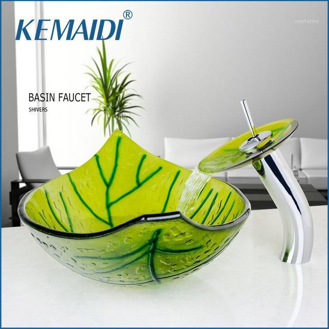 

KEMAIDI US Green Leaf Washbasin Tempered Glass Vessel Sink Brass Bathroom Glass Sink Set Chrome Polish Waterfall Bathroom Faucet1