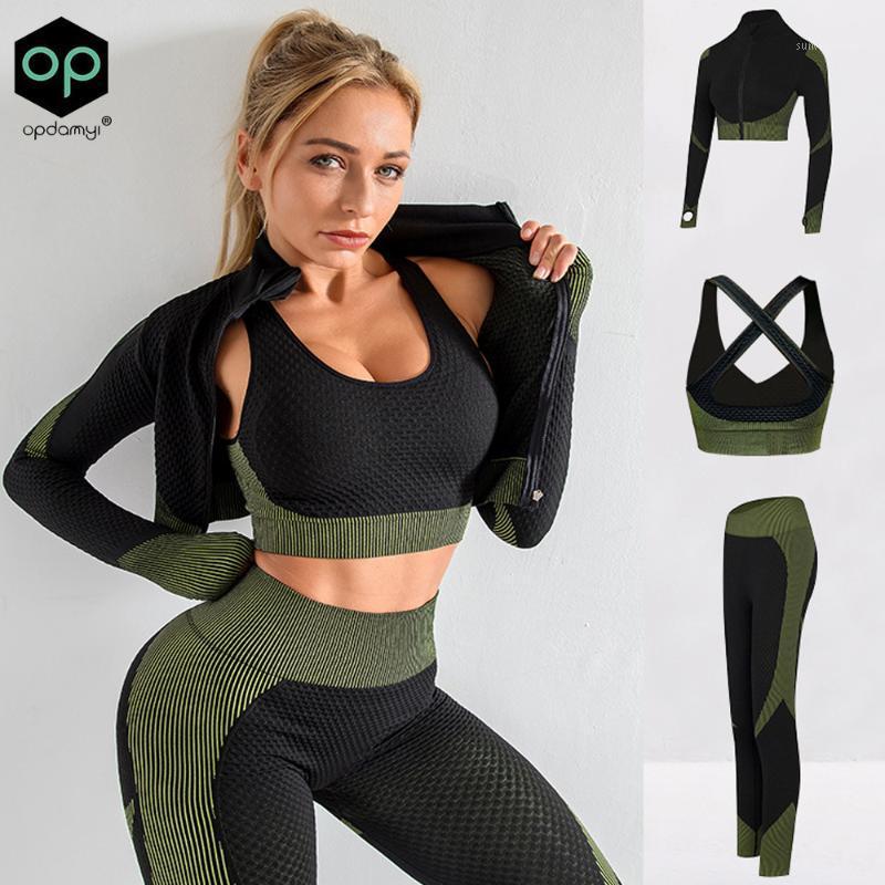

3PCS Seamless Women Yoga Set Workout Sportswear Gym Clothing Fitness Long Sleeve Crop Top High Waist Leggings Sports Suits Bras1, Peacock blue