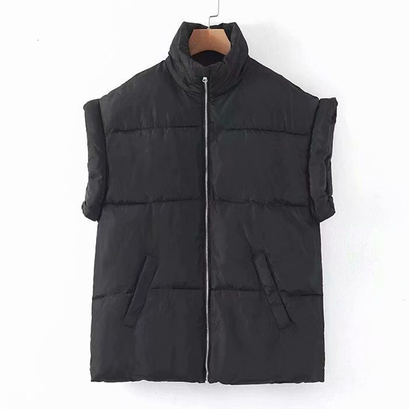 

2021 New Women Winter Vest Zipper Coats Striped High Collar Down Cotton Jacket Parka Female Solid Warm Thick Big Pocket Outwear 66mh, Black