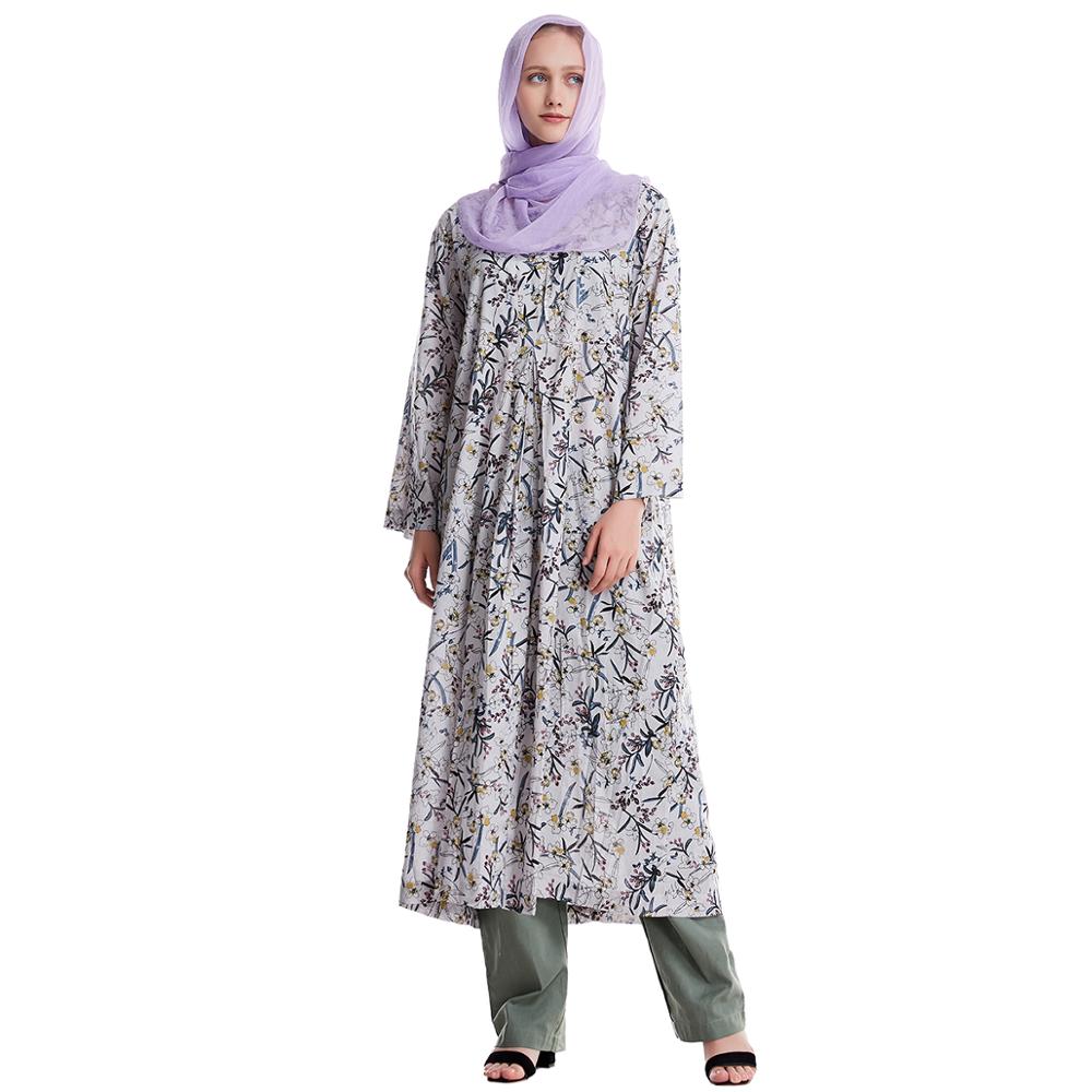 

2 Pieces Set Muslim Women Long Dress and Pant Islamic Islamic Prayer Garment Sets Long Sleeve Blouse Print Maxi Hijab Abaya Robe, White