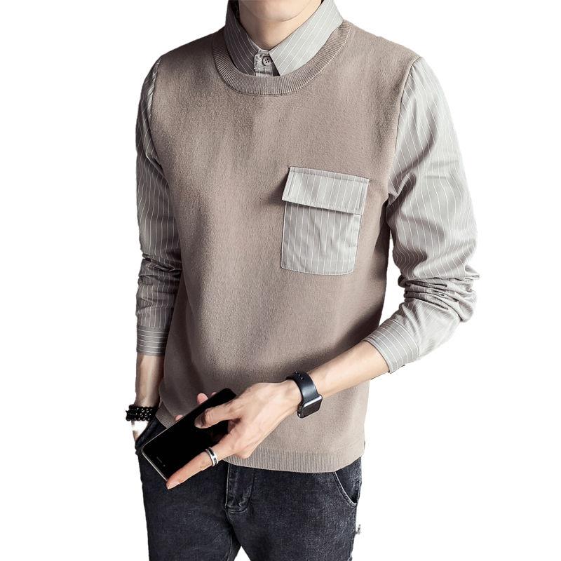 

Khaki 2020 Autumn Casual Shirt Collar Fake Two Sweaters Men's Knitting Sweater Free Shipping