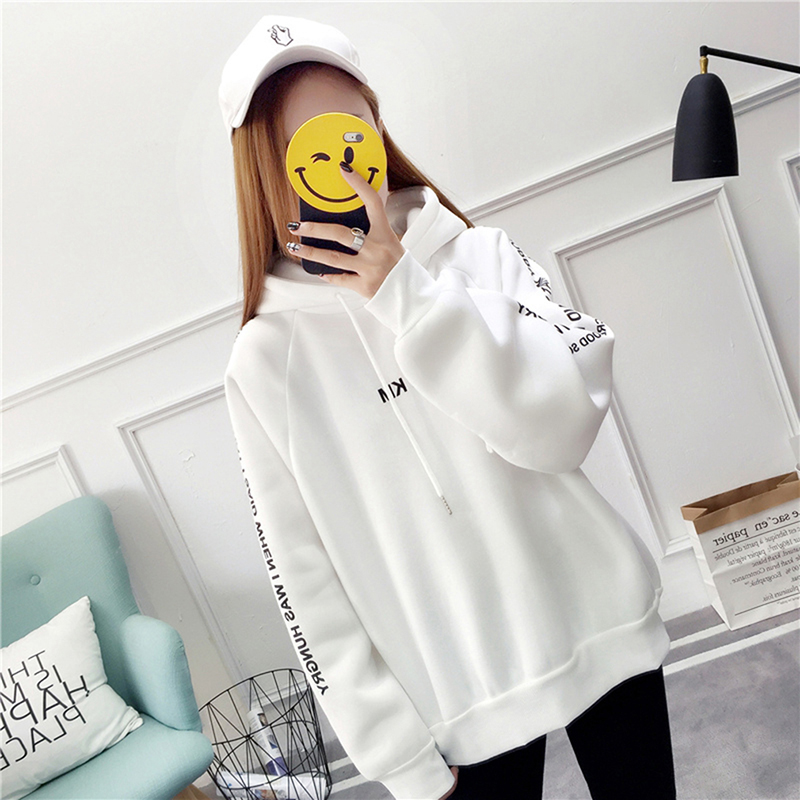 

Februaryfrost Women Autumn Thick Loose Sweatshirt Harajuku Letters Printed Casual Hooded Hoodies Pullover Female Thicken Coat New, White