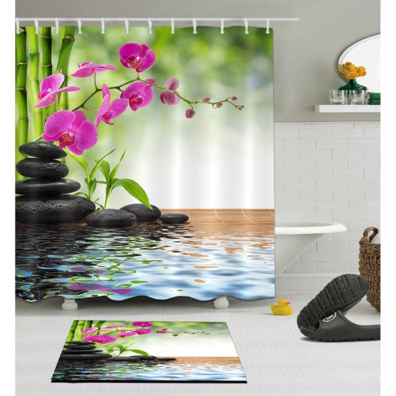 

LB Spa Spring Zen Shower Curtain with Rug Set Bamboo Orchid Stone Bathroom Screens Waterproof Polyester Fabric for Bathtub Decor