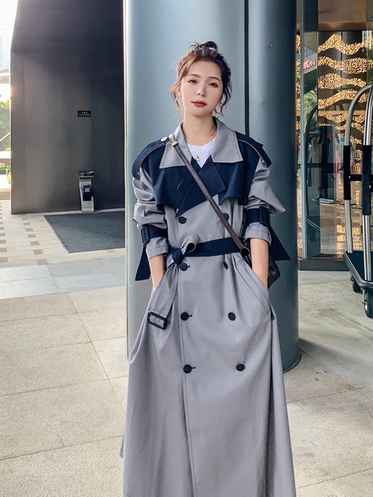 

High Qulity Patchwork Long Trench Coat For Women 2020 New Fashion Double-breasted Korean Loose Chic Windbreaker Female Outwear, Gray-blue
