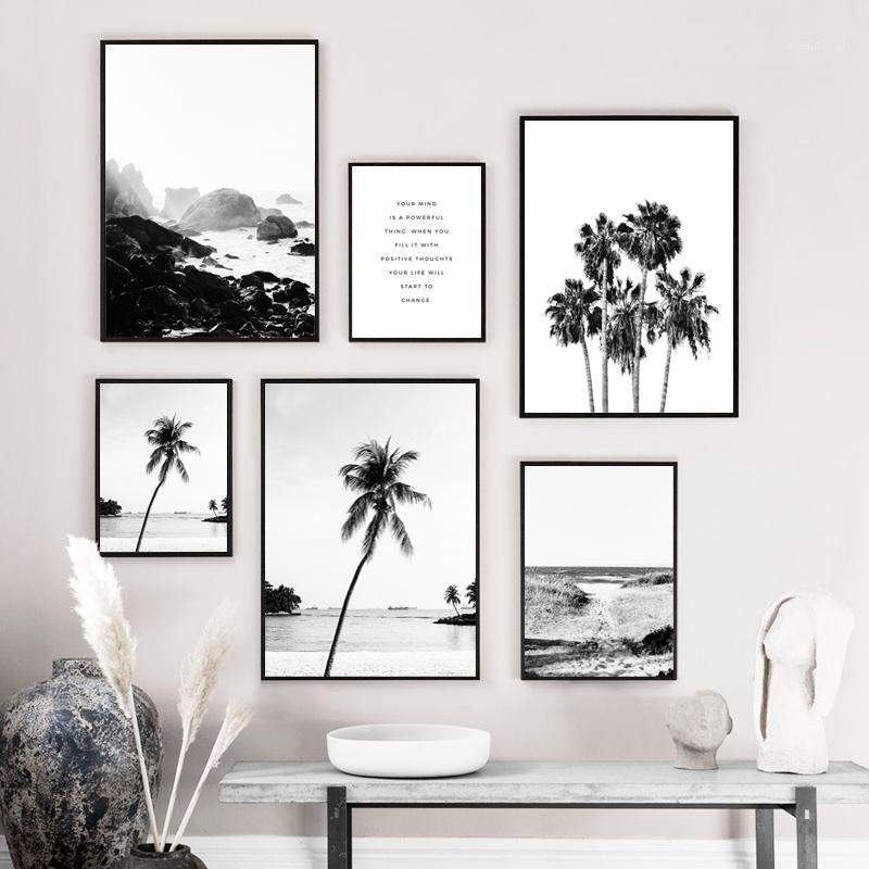 

Scandinavian Landscape Canvas Poster Ocean Beach Palm Wall Art Positive Quote Print Painting Nordic Black White Home Decor1