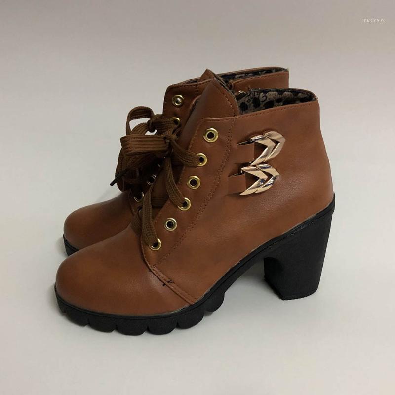 

Retro Winter Boots For Women PU Square High Thick Heel Lace-Up Round Toe Shoes Casual Footwear Plus Size Ankle Boots Zapatos1, Black