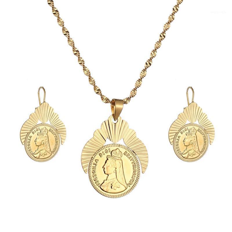 

Earrings & Necklace Ancient United Kingdom VICTORIA Retro Coins Pendant Necklaces Jewelry Set For Women Gold Color Gifts, As pic