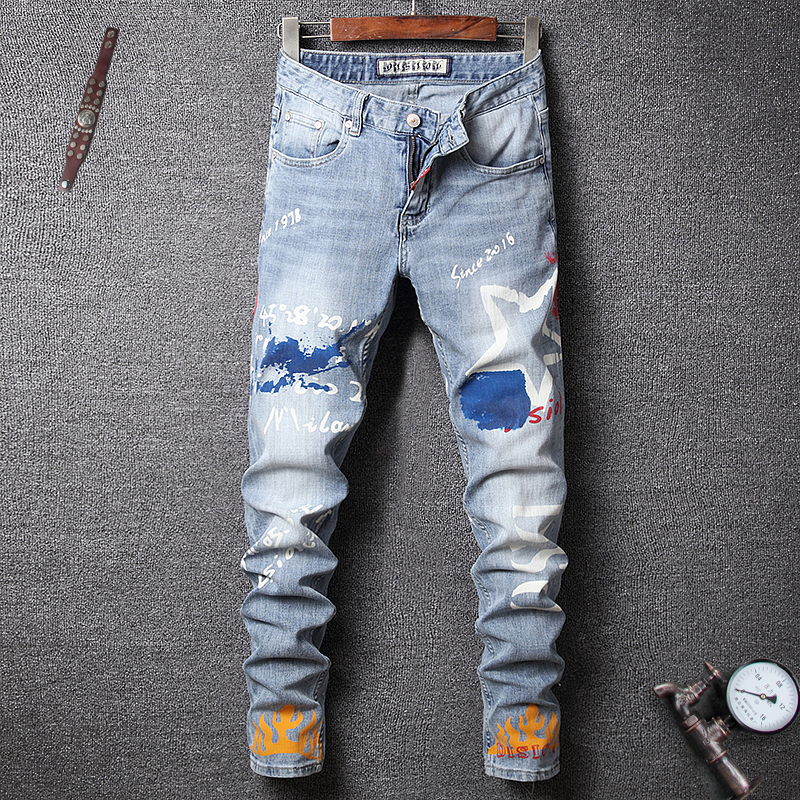 

2021 Streetwear Color Male Fashion Fine Mended Designer Jeans Torn Pants Yyz6, Blue