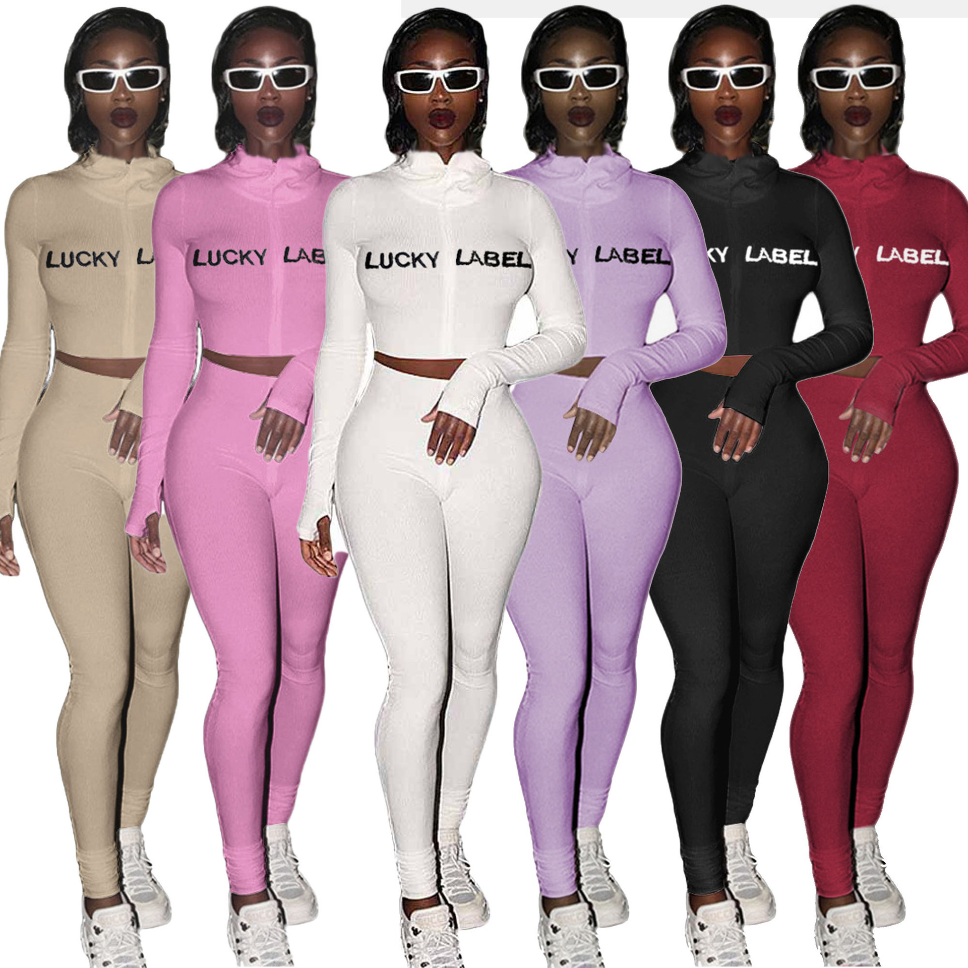 

Women Sexy Clothing Set Nightclub High Neck Embroidery Letter Printed Two Pieces Womens Fashion Zipper Sport Suits, Black