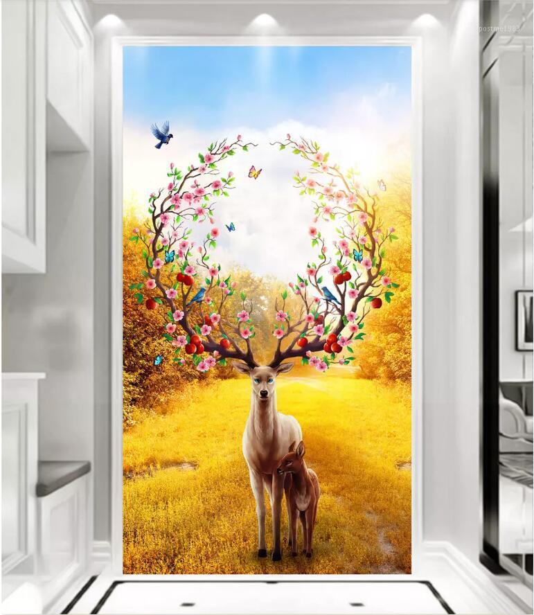 

3d photo wallpaper custom mural Fantasy golden meadow autumn elk porch Home improvement 3d walls murals wallpaper for walls 3 d1, As pic