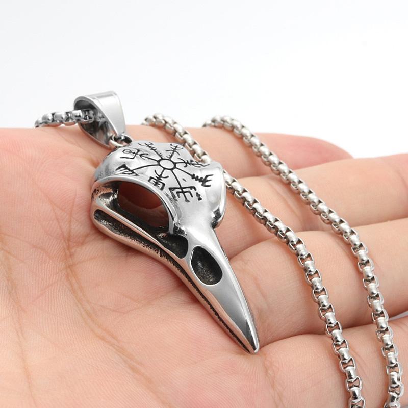 

Vintage Stainless Steel Odin Crow Skull Pendant Punk Viking Crow Compass Pendant Necklace Men Fashion Charm Jewelry Wholesale