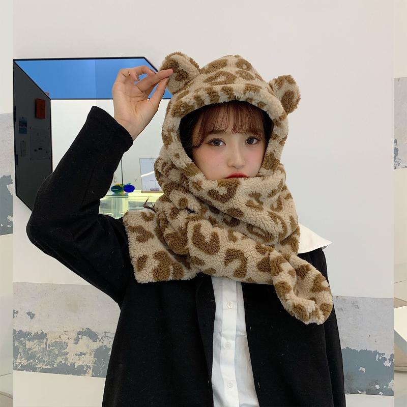 

Women Winter Thick Warm Fuzzy Plush Long Scarf Hooded Hat Cute Bear Ears Milk Cow Print Earflap Cap Thermal Neck Warmer, Khaki