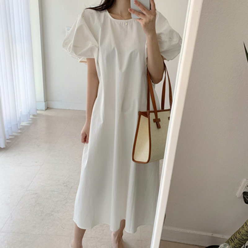 

2021 New Women Summer Loose Short Sleeve A-line Es Solid Female Color Tcvp, White