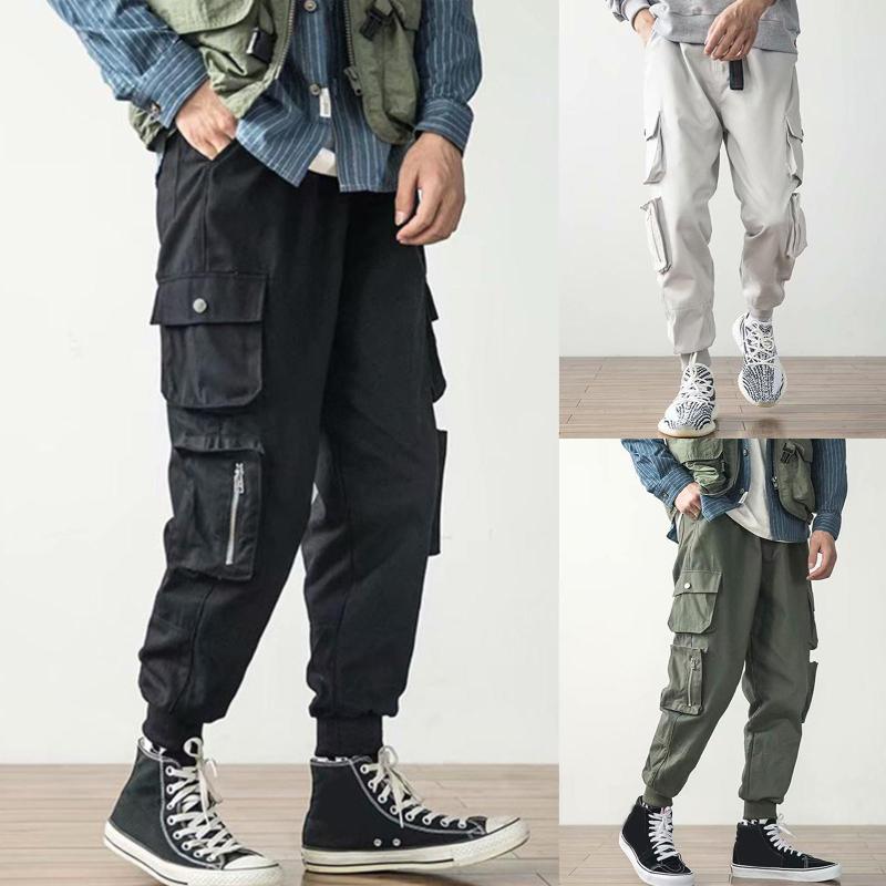 

3XL Men Casual Multi Pockets Ankle Tied Drawstring Long Cargo Pants Loose Trousers Fashion Harajuku Men Pants Streetwear, Black