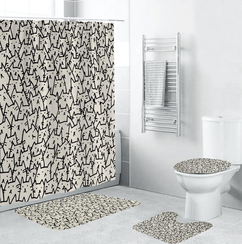 

3D Funny Cats Shower Curtain Polyester Waterproof Shower Curtains Toilet Lid Cover Anti Slip Bathroom Rugs Bath Curtain 4 Piece