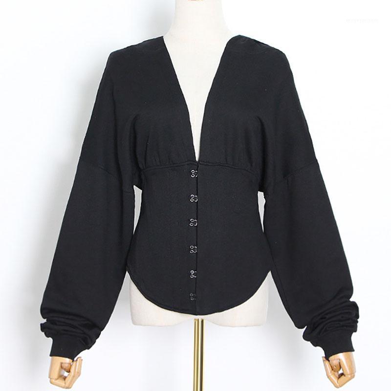 

SeeBeautiful Loose Sweatshirt Hooded Long Sleeve Single Breasted Stitching Simple New Fashion 2020 Autumn Winter Women T8801, Black