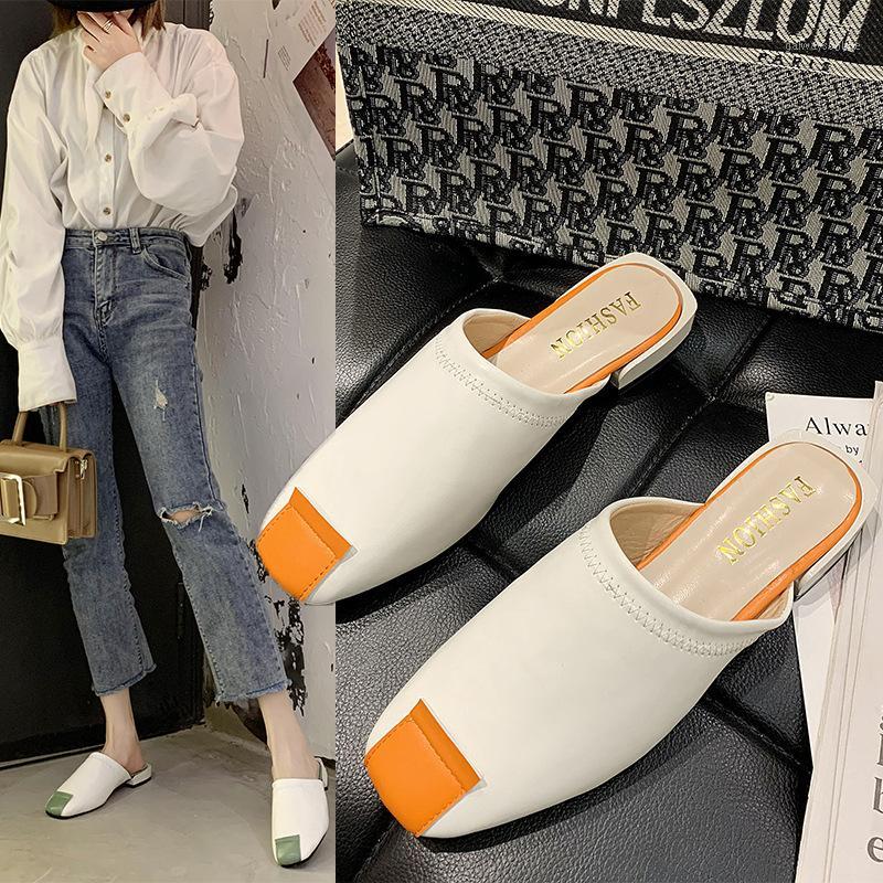 

2020 New Women Shoes Woman Mules Square Cover Toe Square Low Heels Patchwork Sewing Sexy Ladies Shoes Female Slippers Slides1, Green