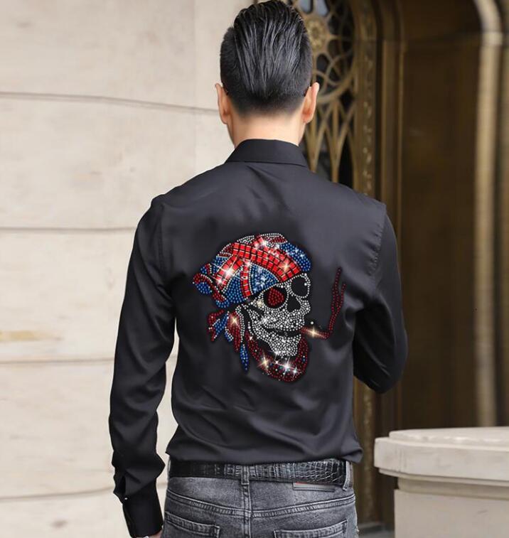

Male Hot Puncture Streetwear Casual Long Sleeve Nice Thin Shirt Fashion Dress Shirts M-4xl 2021 Pdsf, Black.