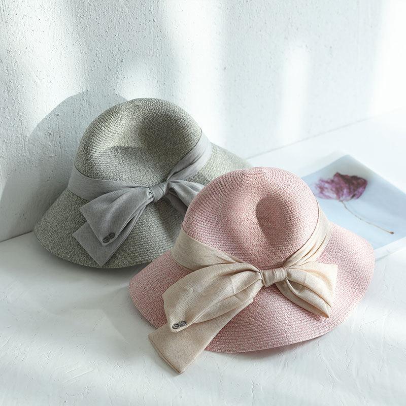 

2020 New Summer Wide Brim Beach Women Sun Straw Hat Elegant Cap For Women UV Protection Black Bow Straw Hats Girls Hot, Pink