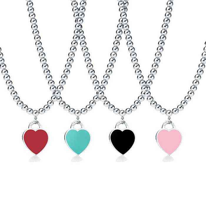 

Design 925 Sterling Silver Beads Necklaces For Women Jewelry With Pink Blue Red Black Color Enamel Heart Necklace Wholesale Y220314