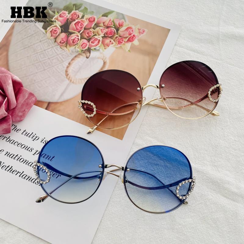 

HBK Luxury Rhinestone Sunglasses Women Frameless 2021 Italy Brand Designer Rimless Vintage Round Big Sun Glasses Men UV400
