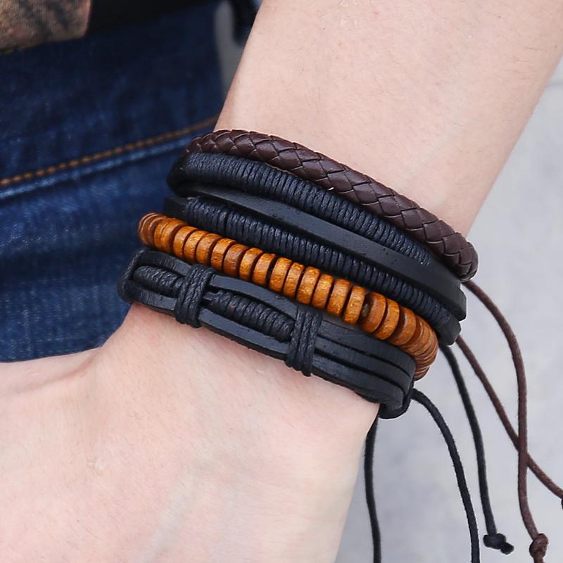

IF ME Vintage Multilayer Adjustable Leather Bracelets For Men Trendy Handmade Wood Beads Braided Wrap Bracelet Jewelry 2020 New