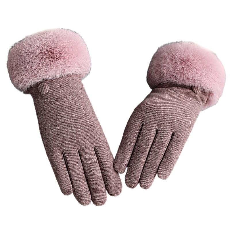 

Korean Girl Outdoor Driving Full Finger Gloves Elegant Solid Color Button Decor Thicken Plush Lined Winter Touch Screen Mittens