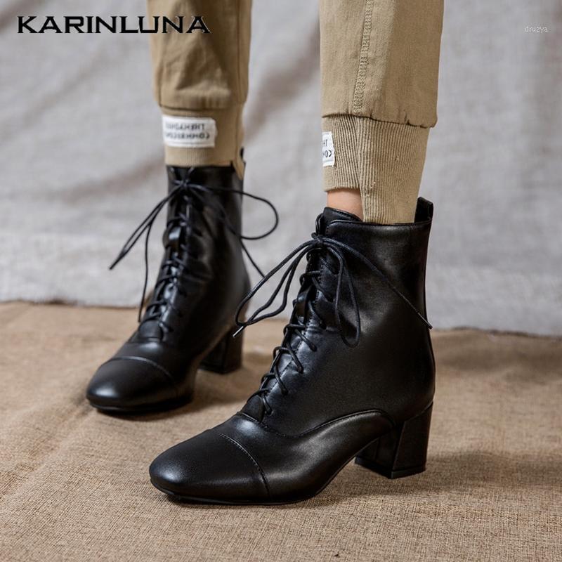 

Karin 2020 New Arrival woman shoes Hot Sale Square Toe Thick Heels Lace-Up Thick Heels Ankel Boots1, Black