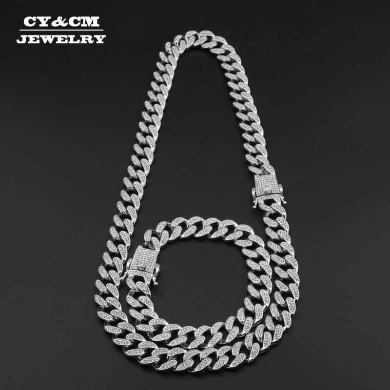 

Miami Curb Cuban Chain Necklace For Mens Gold Silver Hip Hop Iced Out Paved Rhinestones CZ Rapper Long Necklace Bangle Jewelry