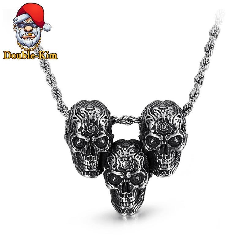 

Three Skulls Head Pendant Necklace Men Hiphop Street Culture Titanium Stainless Steel Fashion Trendy Necklace Man Jewelry Gift