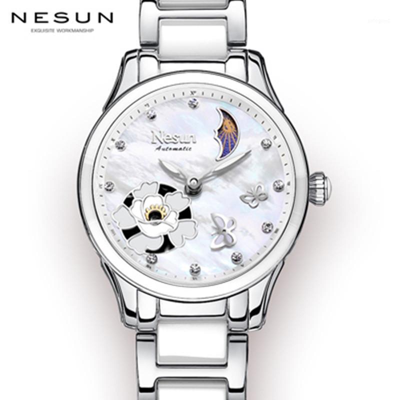 

Wristwatches NESUN Ladies Watch Fashion Luxury Luminous Pointer Quartz Business Waterproof Ceramic Wristband Watches1, Silver