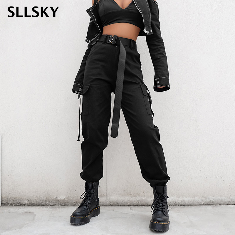 

SLLSKY Streetwear Cargo Pants Women Casual Joggers Black High Waist Loose Female Trousers Korean Style Ladies Pants Capri 201109, Khaki