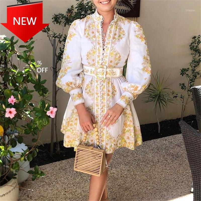 

Dress Stand Collor Puff Sleeve Dress 2020 new arrive women Printed1, As pic