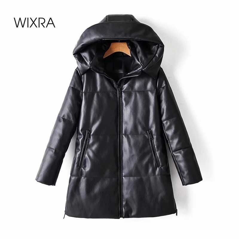 

Wixra Solid PU Leather Cotton Jacket Hooded Women's Fashion Leather Long Coats Ladies Waterproof Thick Jackets Female Winter 201120, Black