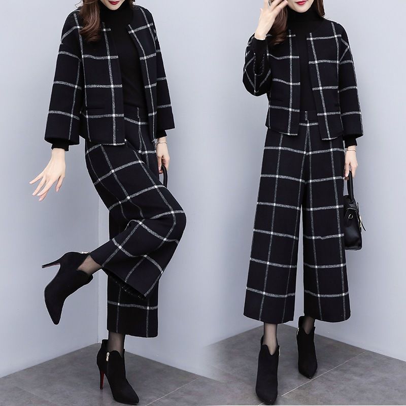 

New black 2021 plaid wool two of women's outfits short coat long legged suit stylish sets y479 7RRO, Hei