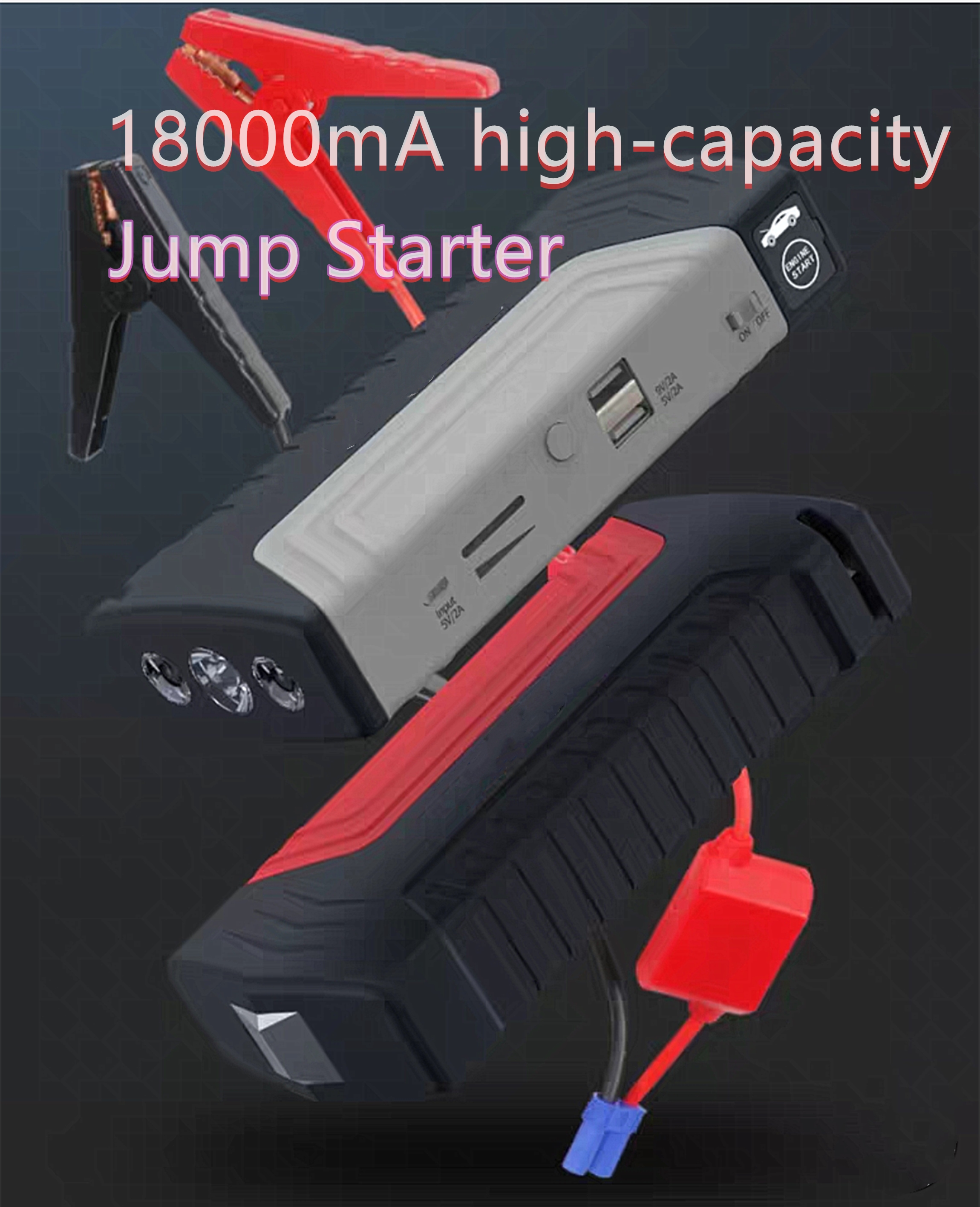 

Jump Starter Car emergency start power cell phone notebook USB charger 12V9V5V output 18000MAH large capacity With light Escape hammer