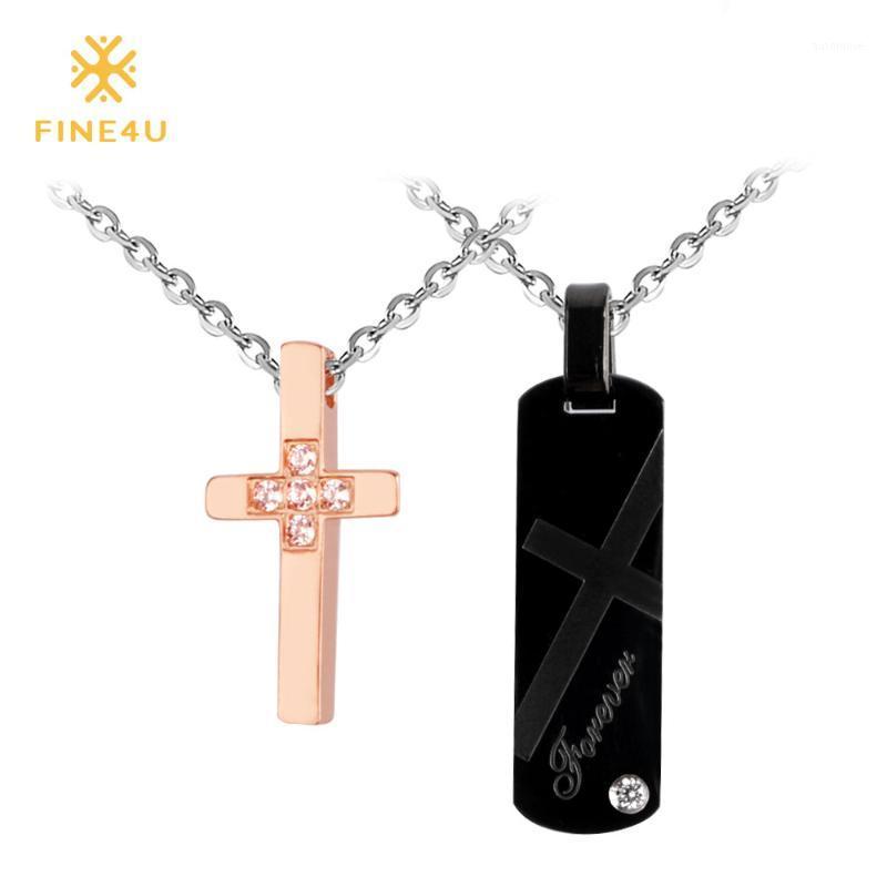 

FINE4U N076 Zircons Couples Necklaces For Lovers 316L Stainless Steel Cross Pendants Necklaces For Couple Valentine's Day Gifts1