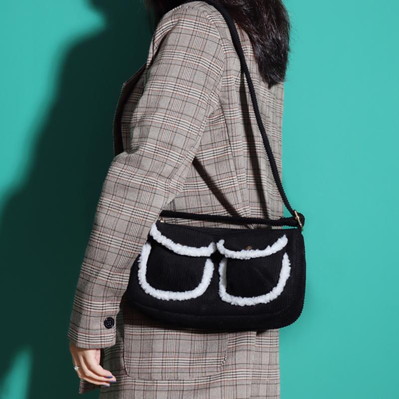 

Retro Double Pockets Underarm Bag 2021 Trendy High Quality Corduroy Shoulder Bag Designer Handbags Luxury Crossbody Bags, Black