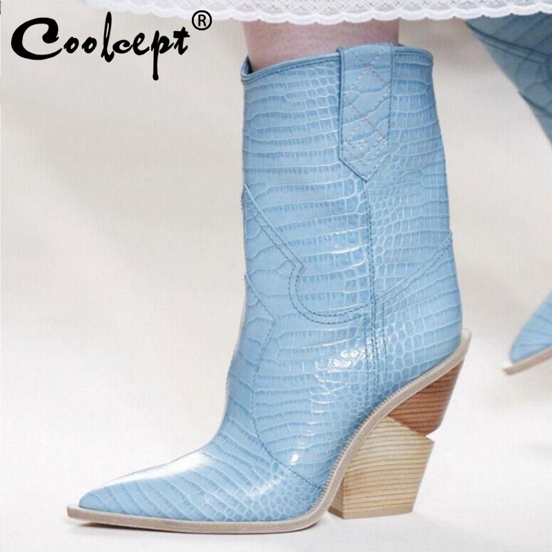 

Coolcept Plus Size 33-46 Chunky Heels Retro Mid-Calf Boots 2020 Winter Add Fur Warm Fashion Western Boots Women'S Shoes Woman, Black without fur
