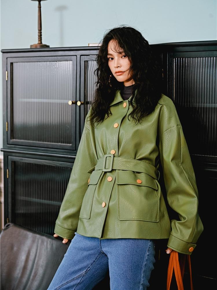 

Spring Autumn Belt Big Pocket Loose Turn- Down Collar Matte Button Pu Leather Jacket Women Female Lady, Green