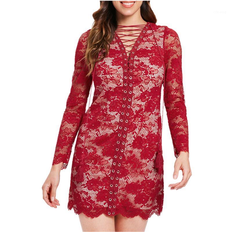

Casual Dresses Sexy Lace Crochet Women Party Dress Pub Club Bodycon Vestidos Spring Autumn Long Sleeves Criss Cross Mini Red1, Red wine