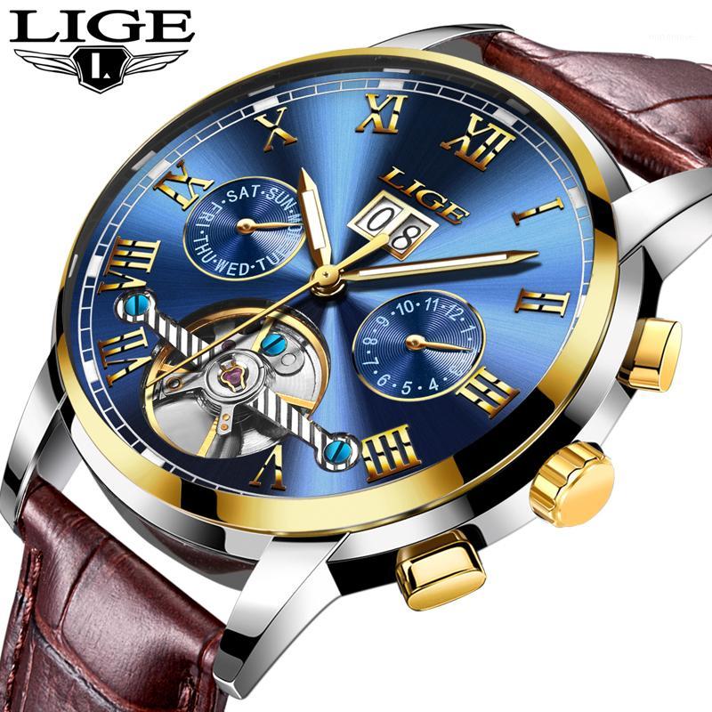 

LIGE Mens Watch Top Automatic Mechanical Watch Men Clock Waterproof Sport Watches Relogio Masculino gift1, Leather gold black