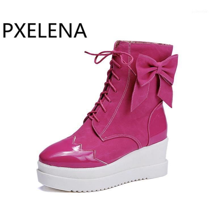 

PXELENA Designer 2020 Butterly-knot Cosplay Ankle Boots Women Wedge High Heels Platform Lace Up Punk Gothic Boots 34-431, Blue