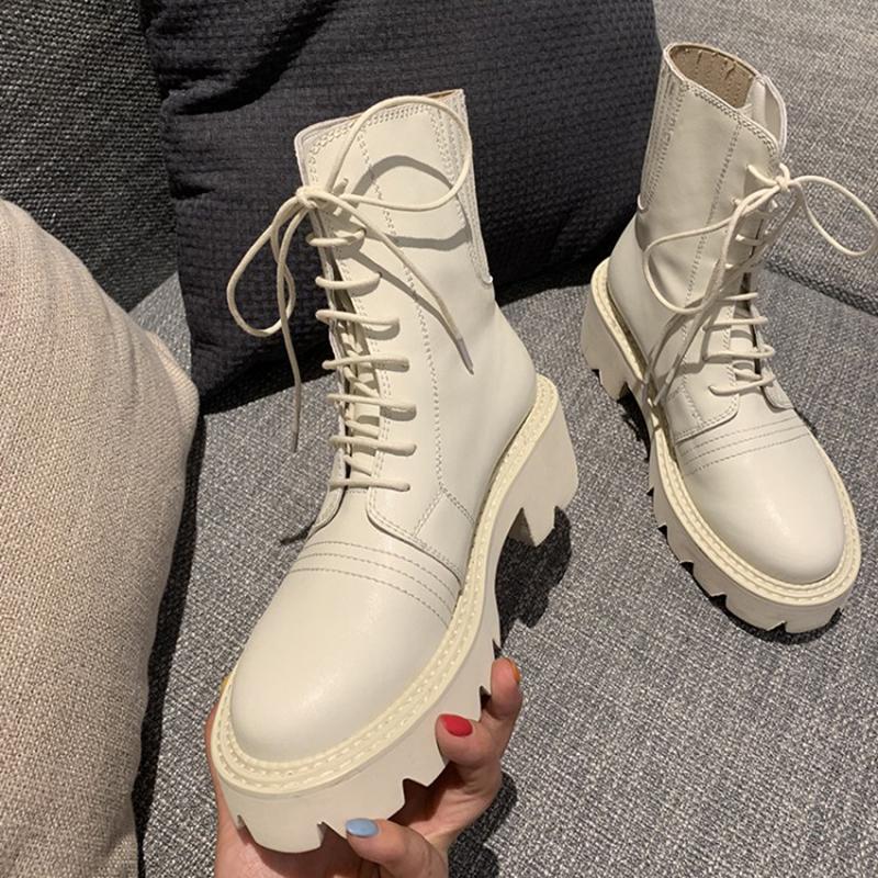 

Chaussures femme ankle boots women's shoes genuine leather new winter 2020 lace up platform maiden keep warm ankle boots size 42, Black