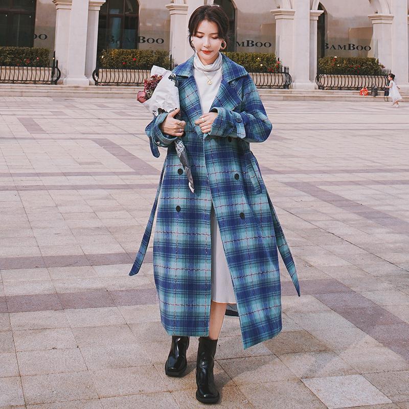 

Women' Woolen Plus Long Coat Winter 2020 New Blue Lattice Korean Fashion Double-Breasted Loose Lapel Faux Warm Wool Jacket 1L, As pic